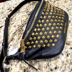 Michael Kors Leather Belt Bag pack. Black & Gold studded AUTHENTIC EUC